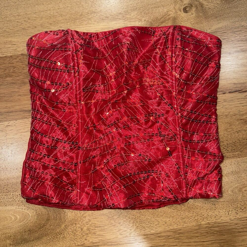 Womans Jessica McClintock Y2K Red Sparkle Sequin Bustier Strapless Going Out Top